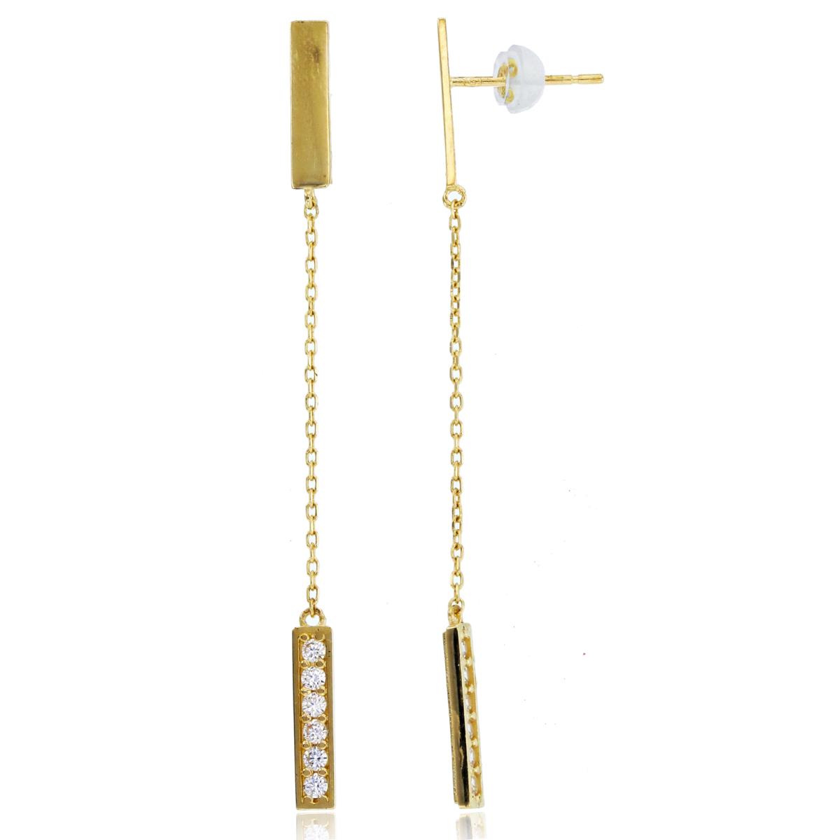 14K Yellow Gold High Polished Top & Rnd CZ Bottom Bar Dangling Chain Earrings with Silicone Backs