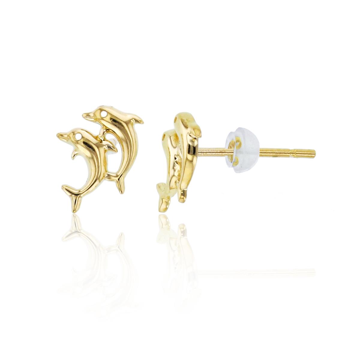 14K Yellow Gold High Polished Double Dolphins Studs with Silicone Back
