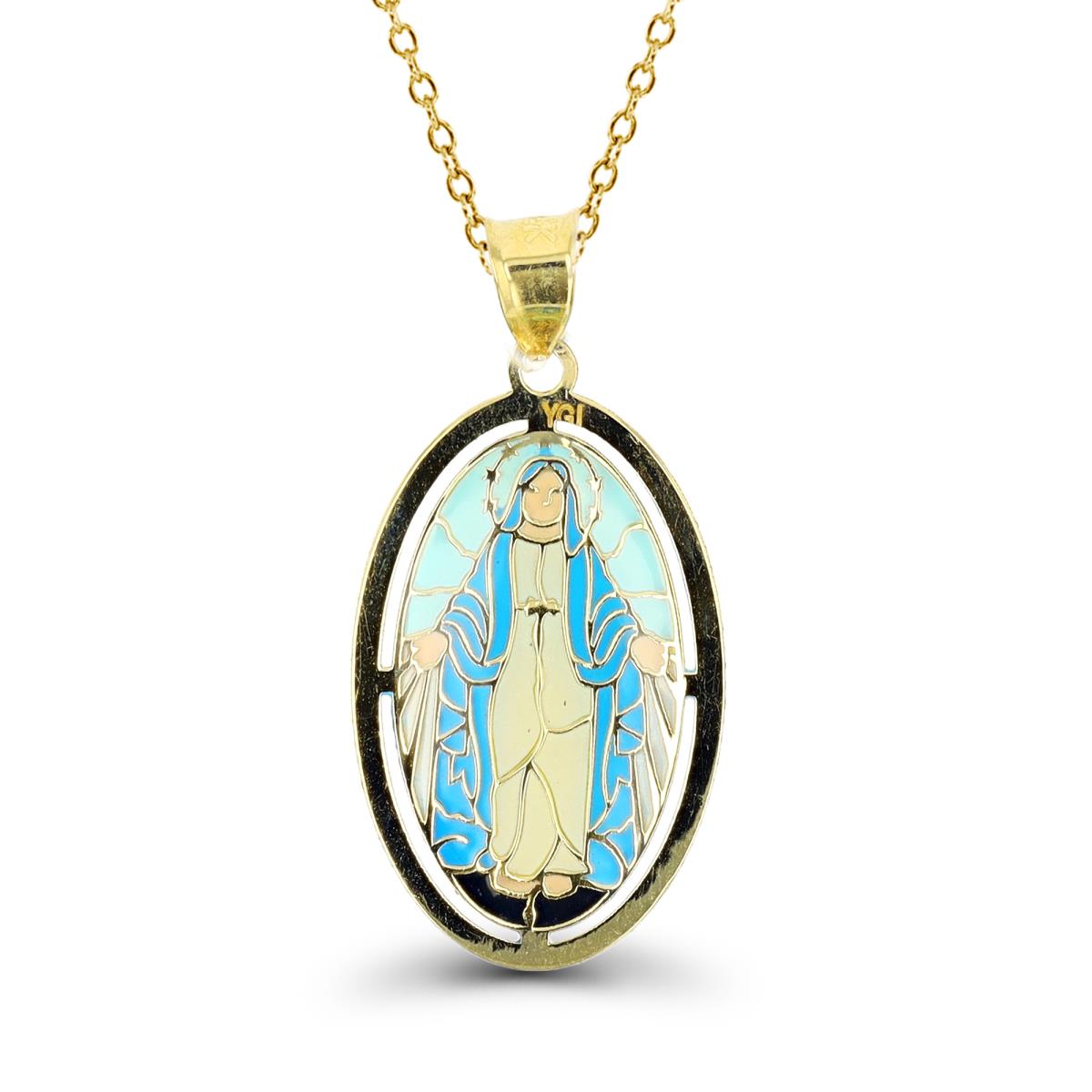 14K Yellow Gold Enamel 26x12mm Virgin Mary DC Medallion 18" 020 Rolo Necklace