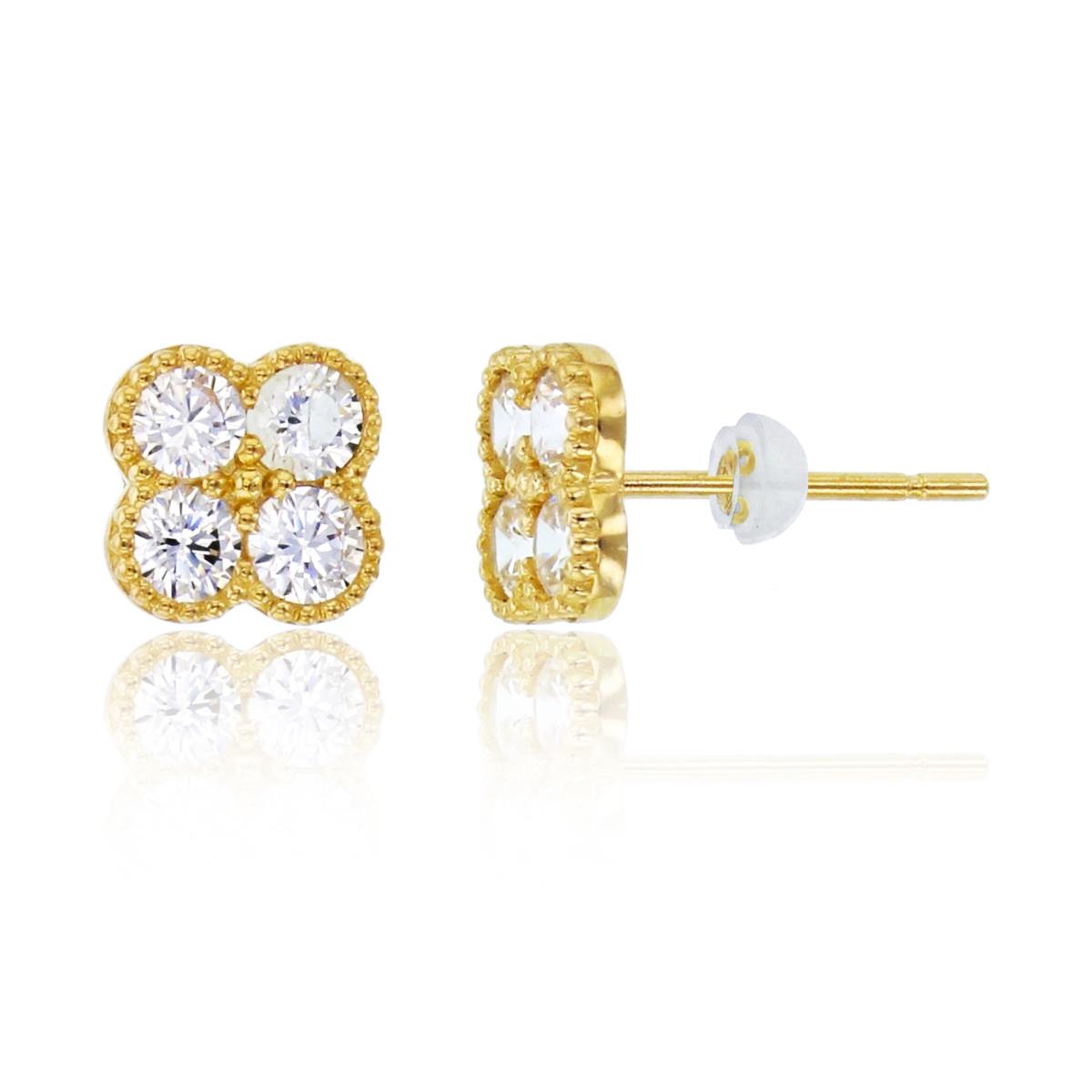 14K Yellow Gold Rnd CZ Milgraine Clover Studs with Silicone Backs
