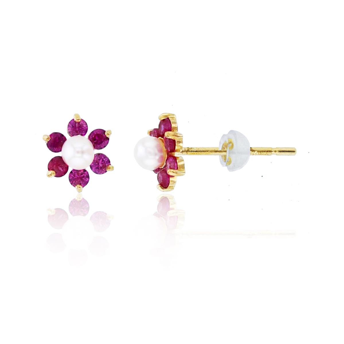 14K Yellow Gold 2mm Rnd Fresh Water Pearl & Ruby CZ Flower Studs with Silicone Backs