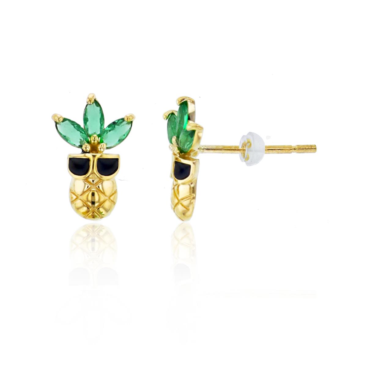 14K Yellow Gold Pineapple with Green CZ Leaves & Black Enamel Sunglasses 9x6mm Studs with Silicone Backs