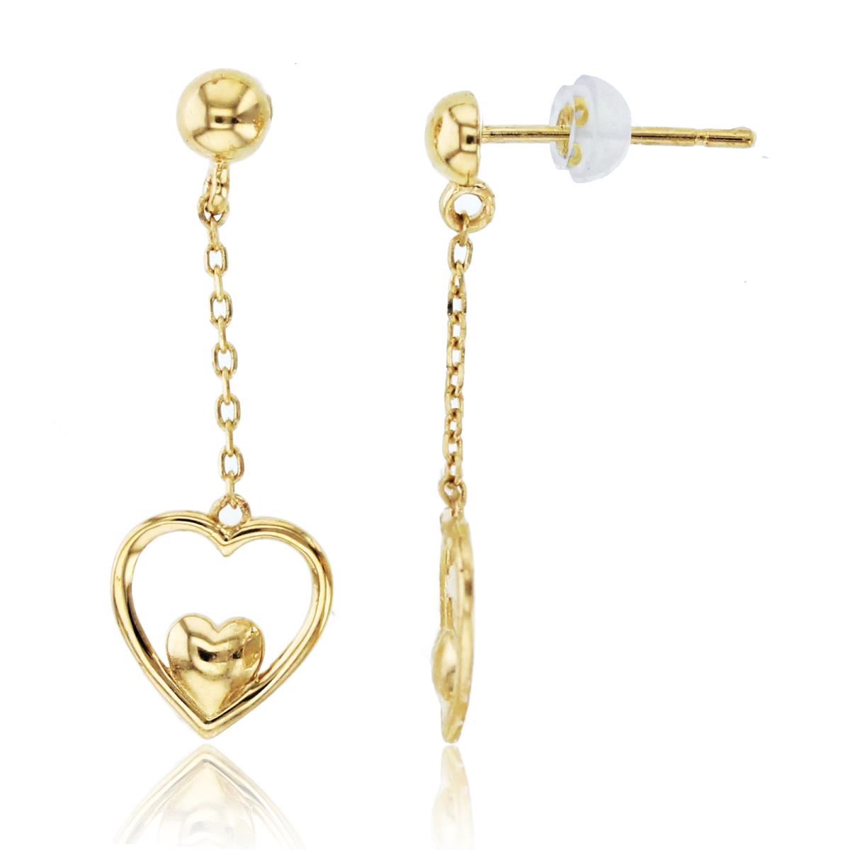 14K Yellow Gold High Polished Double Hearts on Chain Dangling Earrings with Silicone Backs