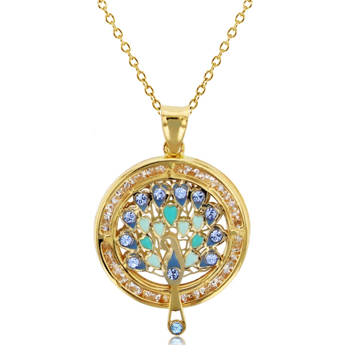 14K Yellow Gold CZ & Enamel 29x19mm Peacock 18" 020 Rolo Necklace