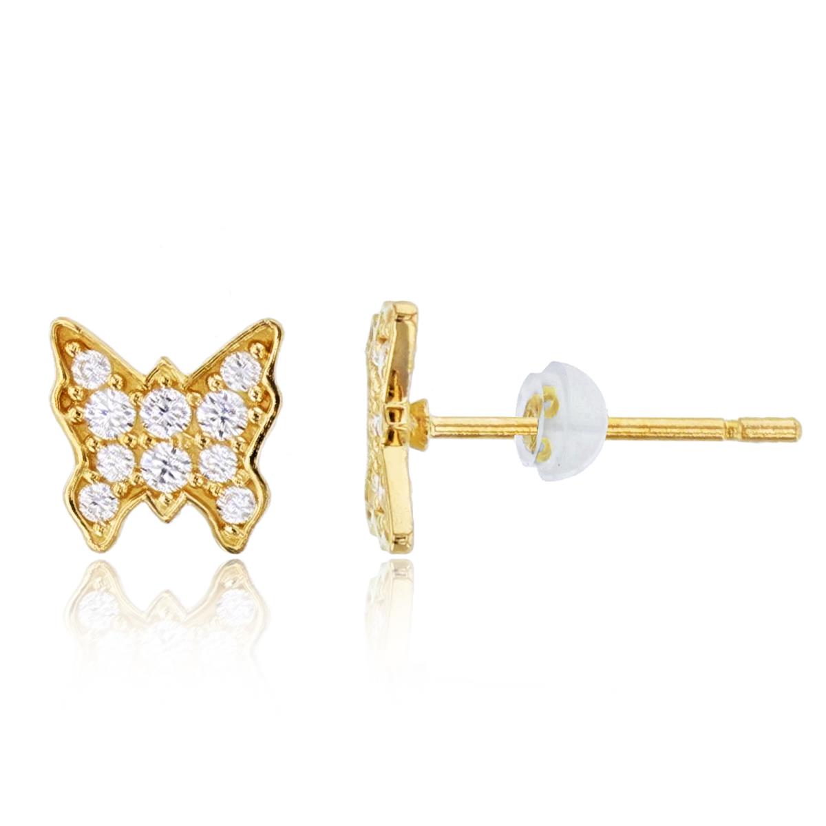 14K Yellow Gold Rnd CZ Micropave Butterfly Studs with Silicone Backs