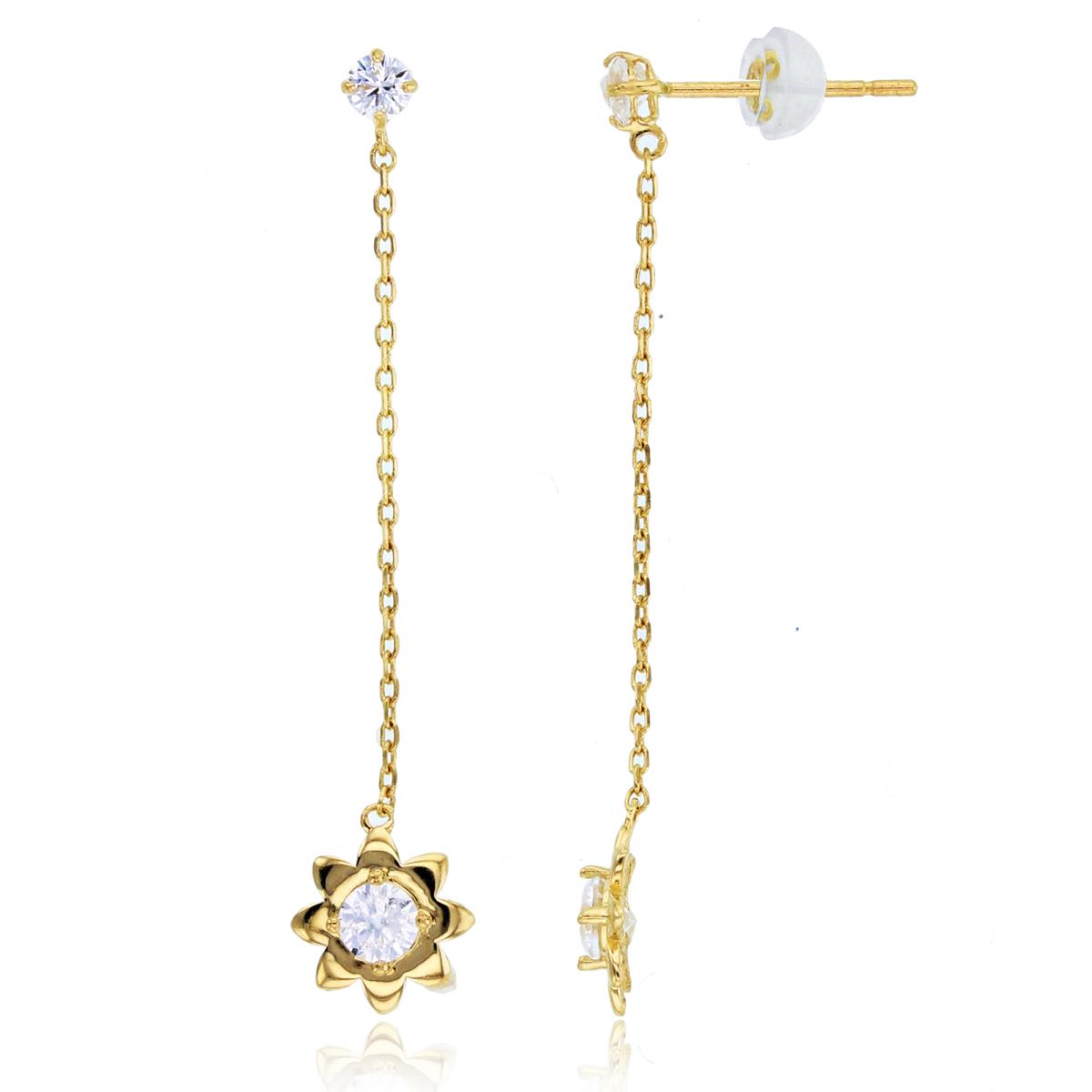 14K Yellow Gold Rnd CZ Flower Dangling on Chain Earrings with Silicone Backs
