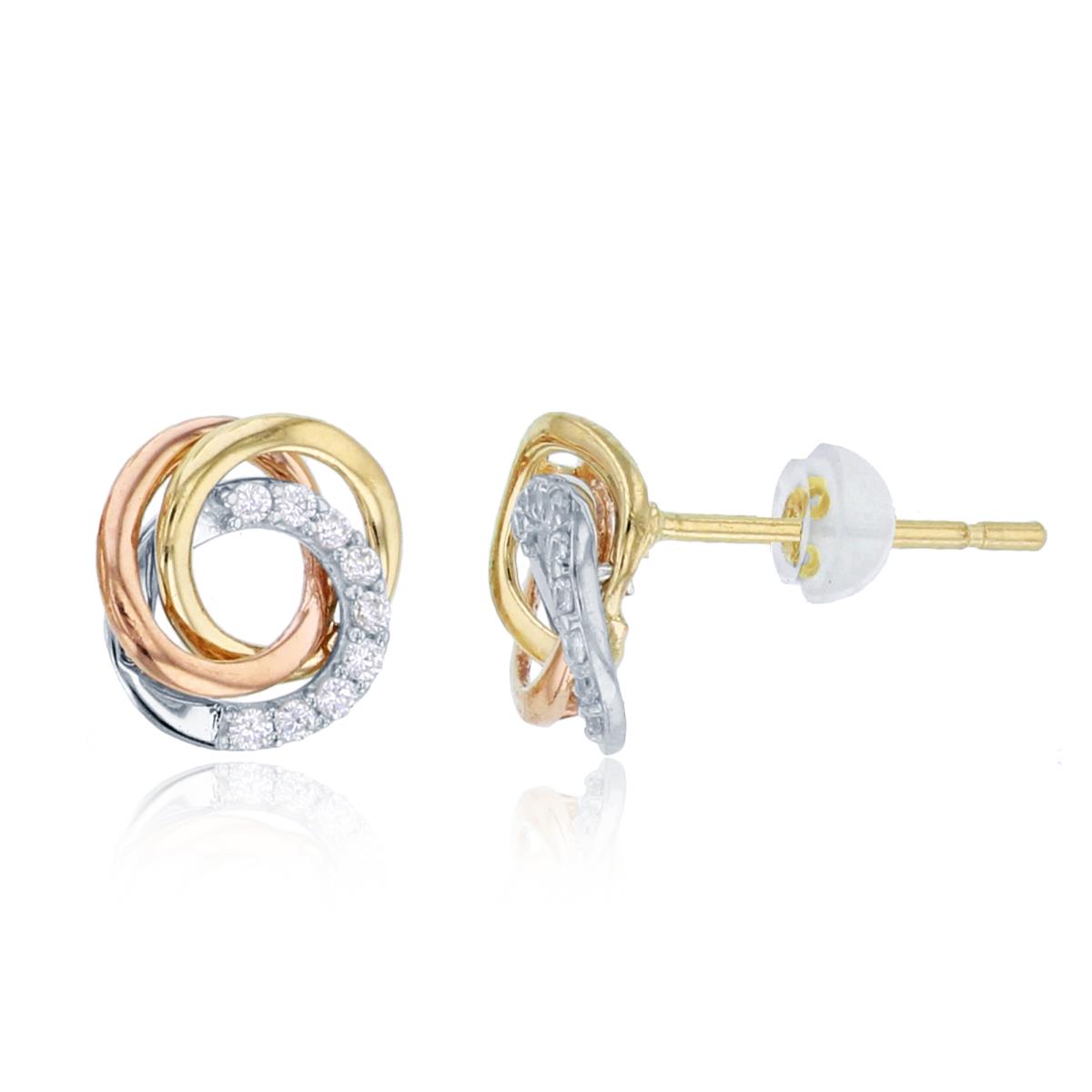 14K Tricolor Gold High Polished & CZ Invert Circles Stud with Silicone Back