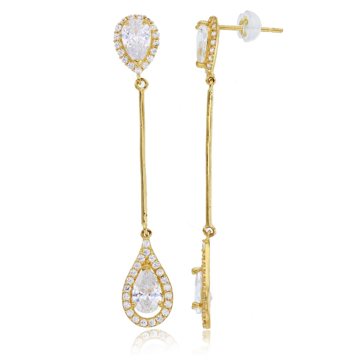 14K Yellow Gold PS-Shape CZ Halo Top/Bottom Dangling Earrings with Silicone Backs