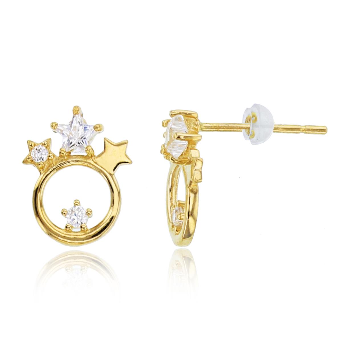 14K Yellow Gold 3mm ST & Rnd CZ  Stars on Open Circle Studs with Silicon Backs