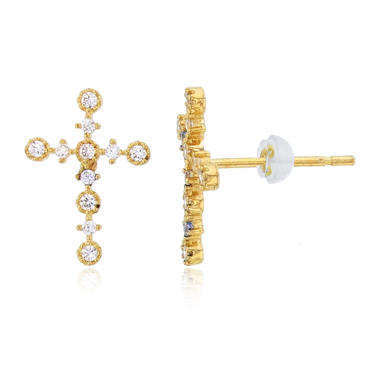 14K Yellow Gold Rnd CZ Cross Studs with Silicon Backs