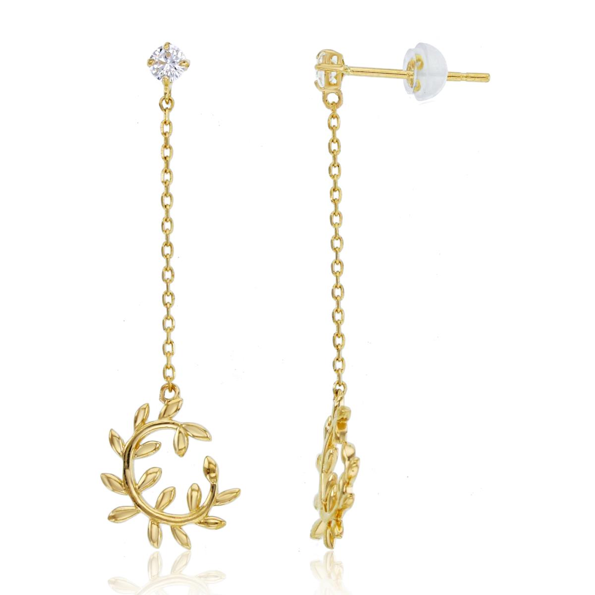 14K Yellow Gold Rnd CZ & High Polished Leaves Dangling on Chain Earring with Silicone Back