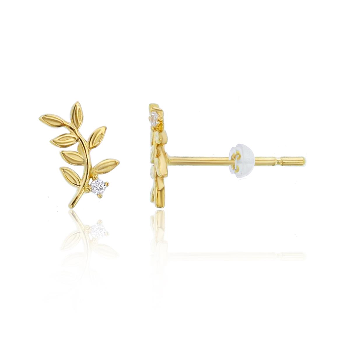 14K Yellow Gold Rnd CZ Textured Leaves Stud with Silicone Back