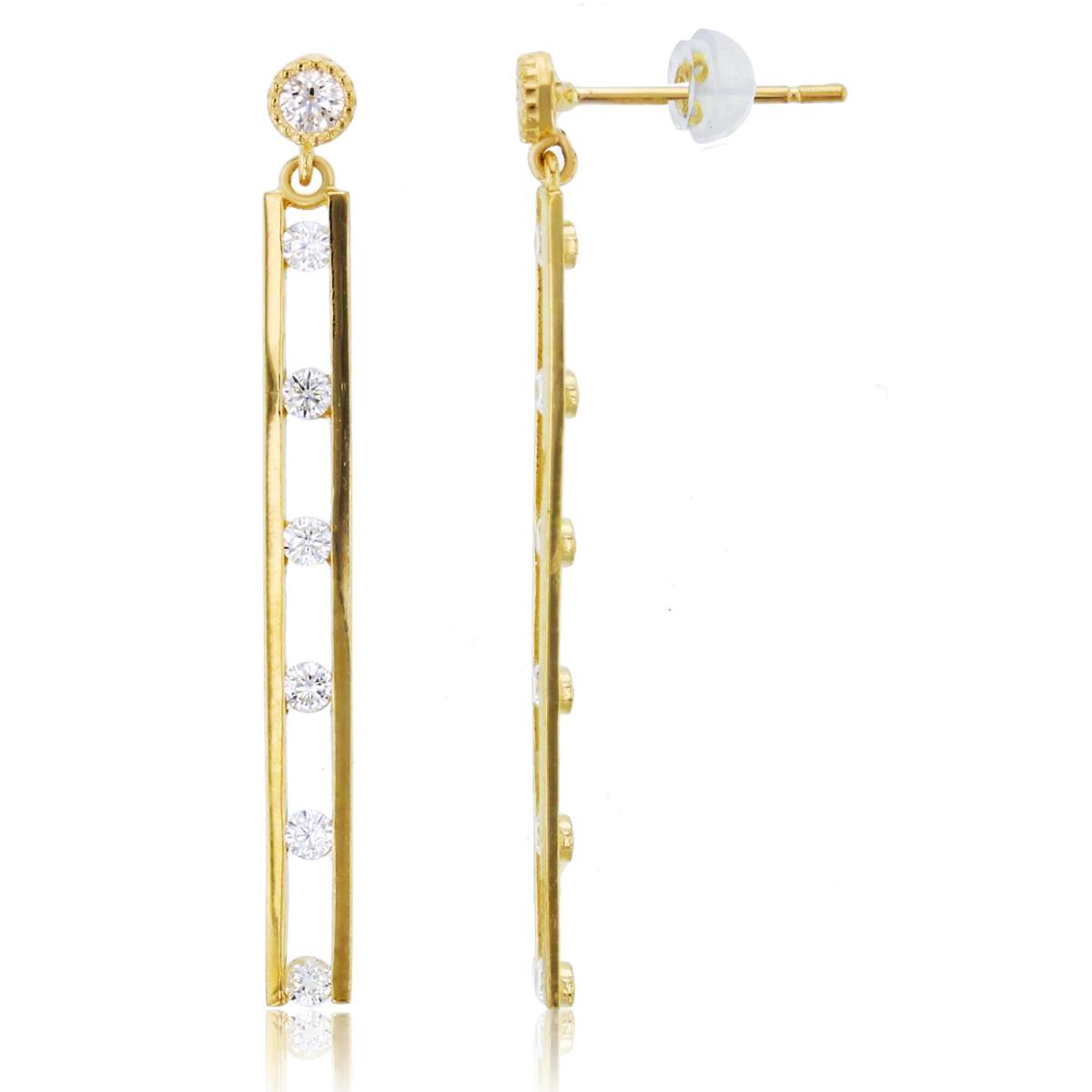 14K Yellow Gold Rnd CZ Dangling Vertical Bar Earrings with Silicon Backs