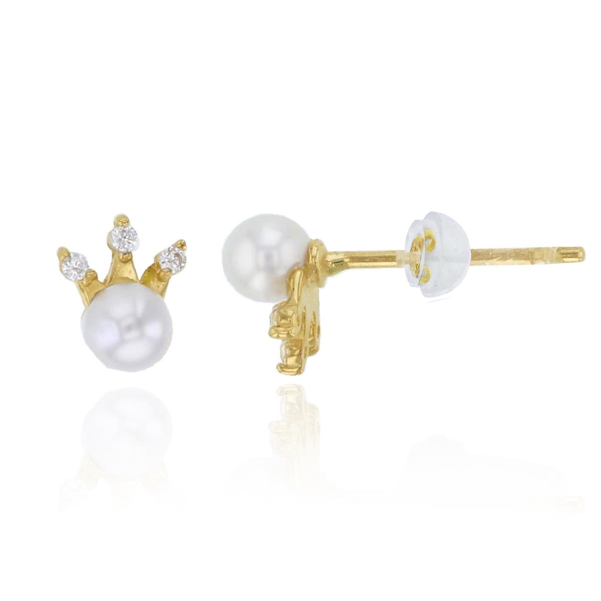 14K Yellow Gold Rnd CZ & Fresh Water Pearl Studs with Silicon Backs