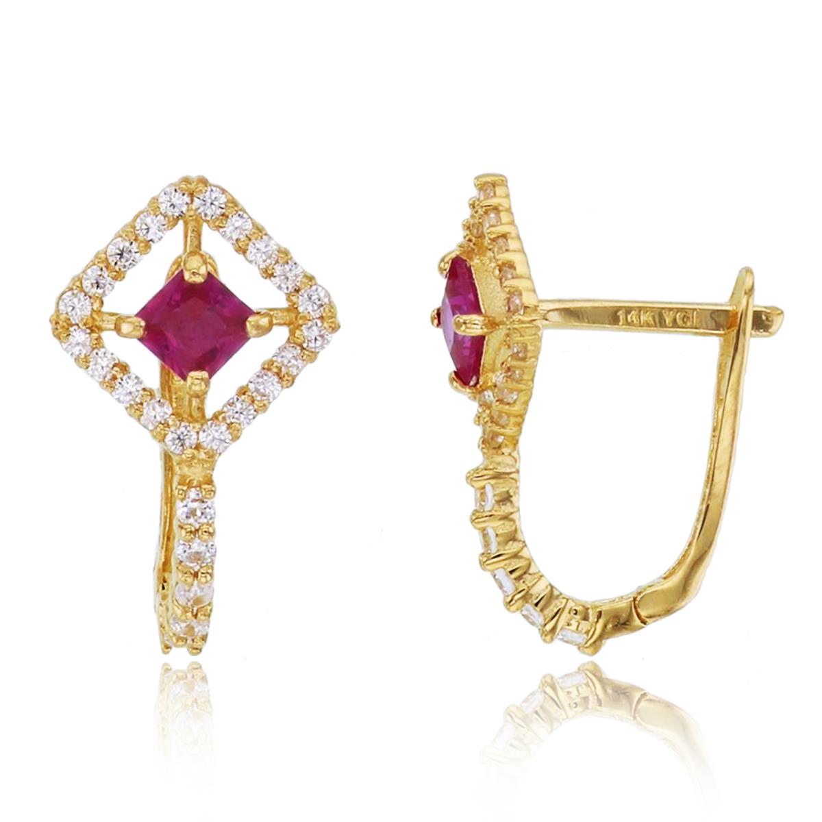 14K Yellow Gold Rnd White & 3mm Princess Ruby CZ Cushion Earrings with Latch Backs