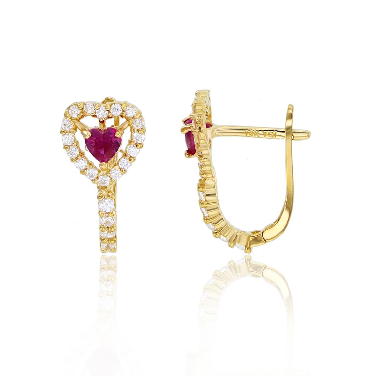 14K Yellow Gold Rnd White & 3mm HS Ruby CZ Heart Earrings with Latch Backs
