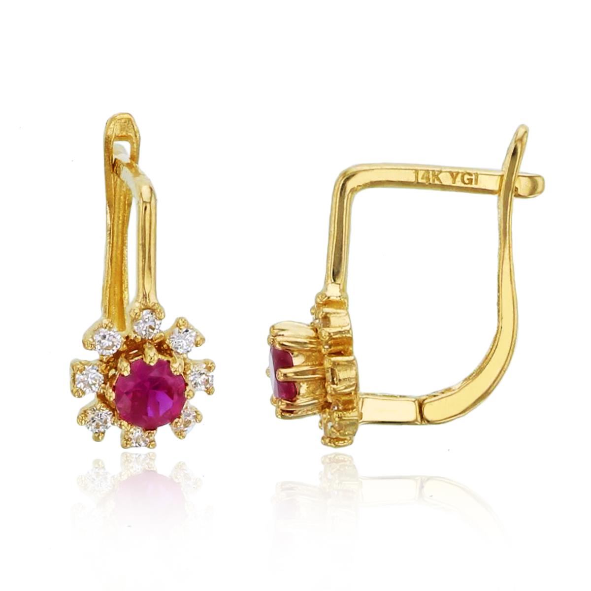14K Yellow Gold Rnd White & 3mm Ruby CZ Flower Earrings with Latch Backs