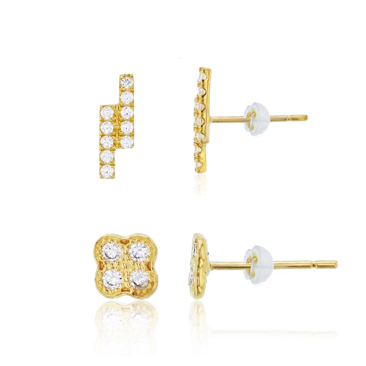14K Yellow Gold Milgrain Clover & 2-Row Bar Stud Earring Set