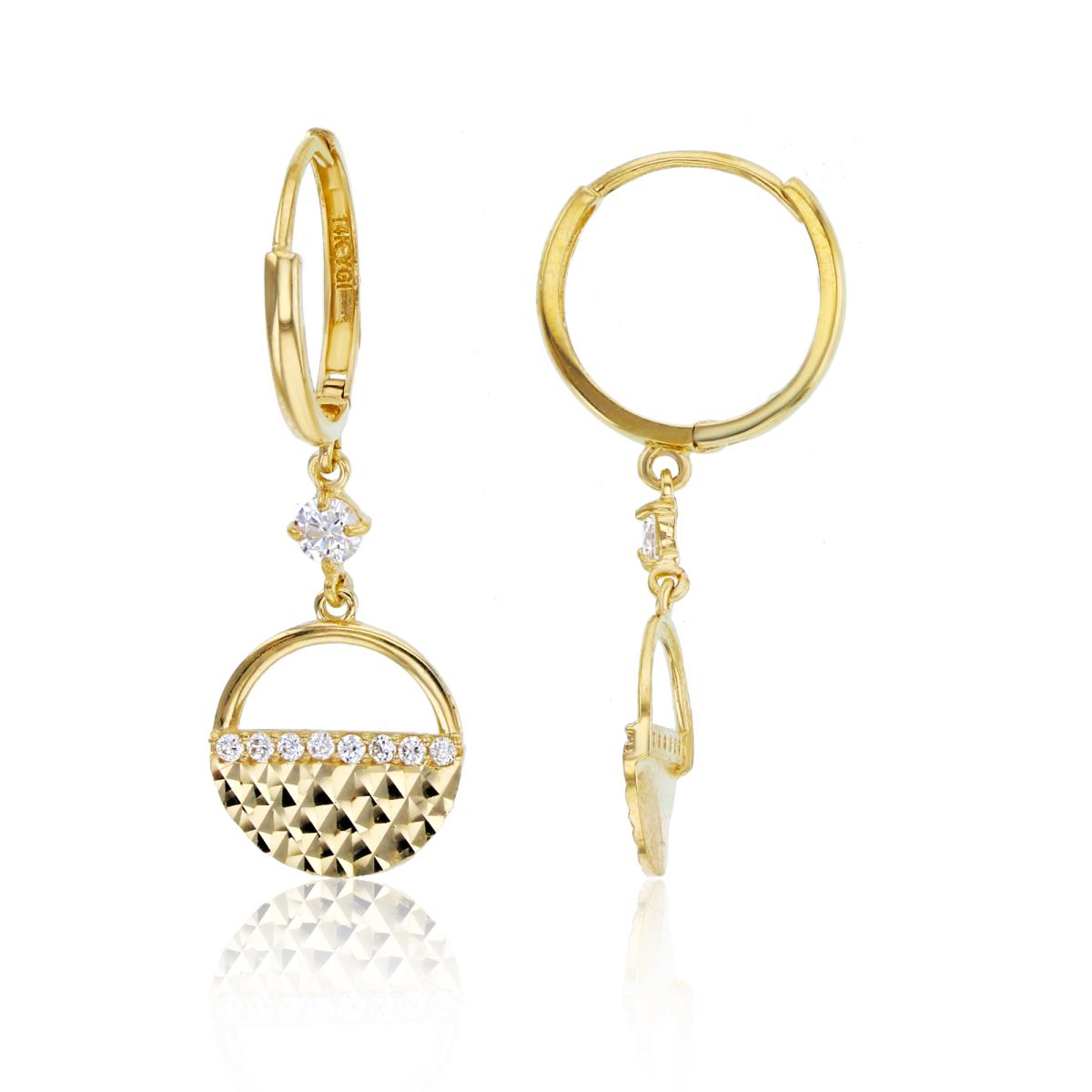 14K Yellow Gold Rnd CZ & DC Circle Dangling on Huggie Earring
