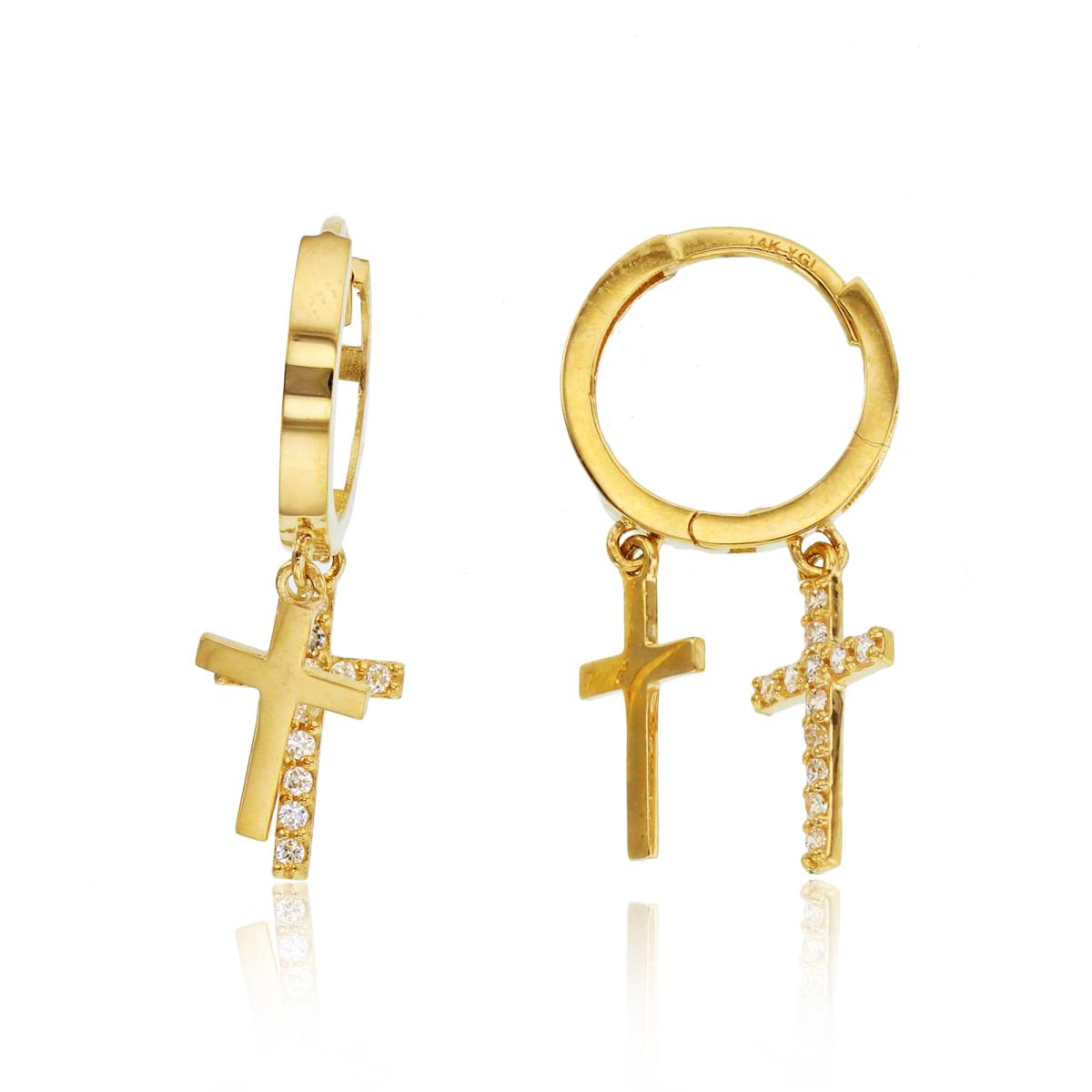 14K Yellow Gold High Polished & Rnd CZ Crosses Dangling on Huggie Earrings