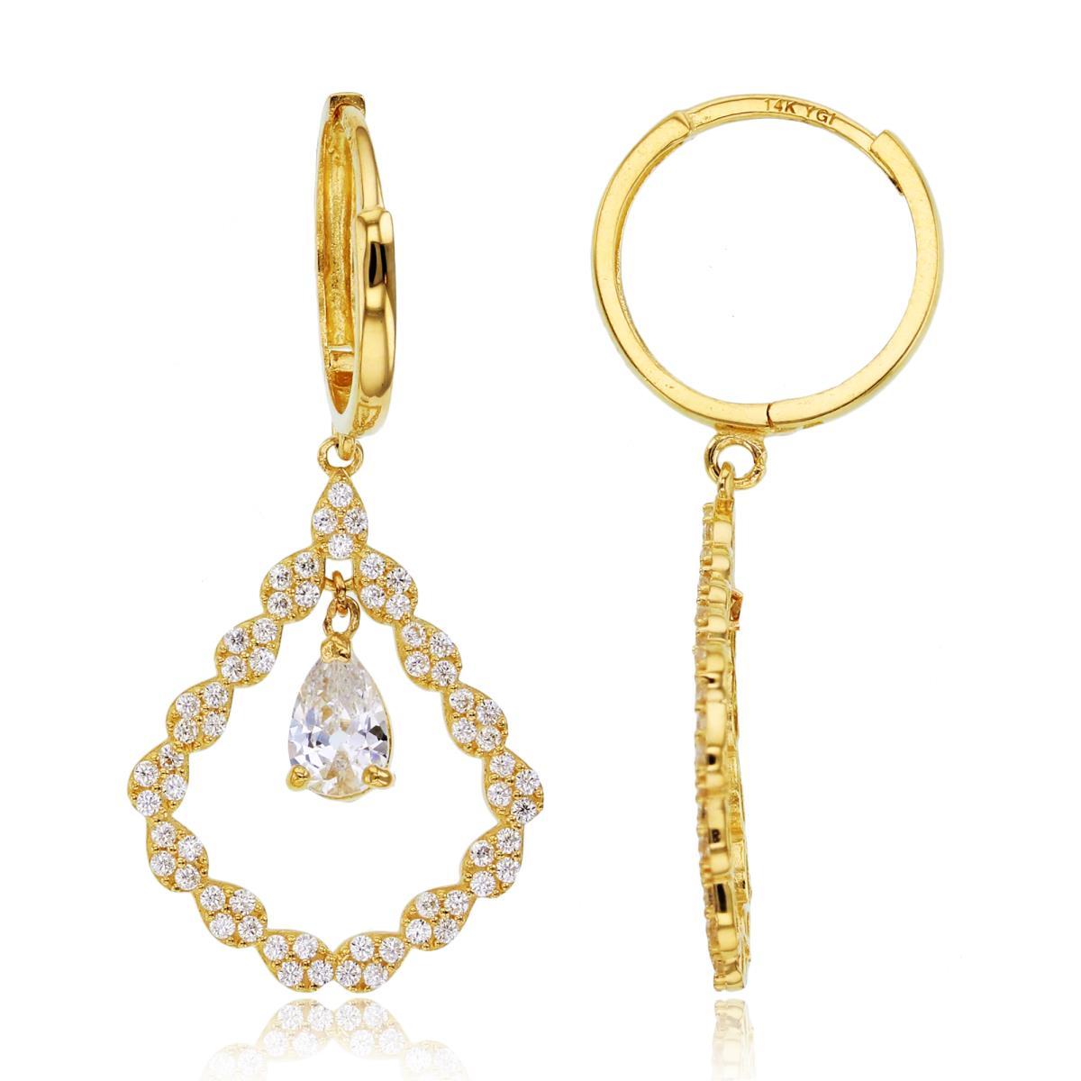 14K Yellow Gold Rnd CZ Chandelier with Dangling Drop on Huggie Earrings