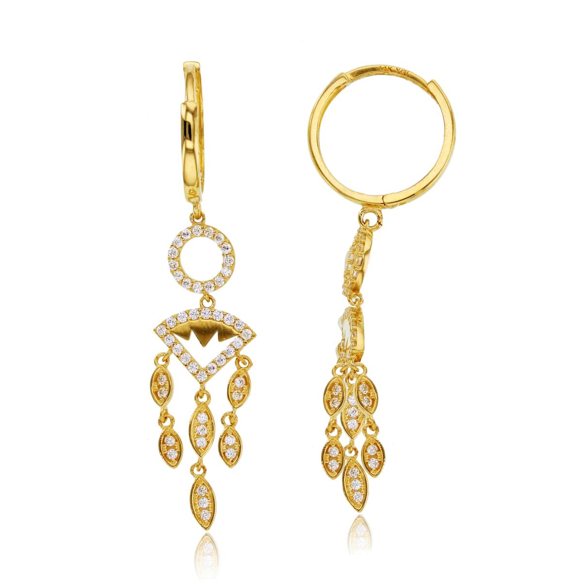 14K Yellow Gold Rnd CZ Chandelier on Huggie Top Earrings