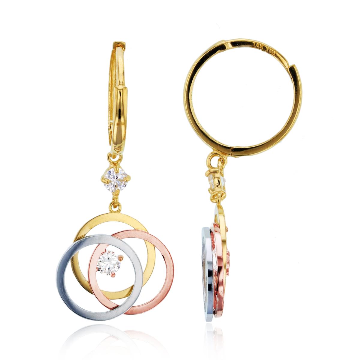 14K Tricolor Gold CZ Circles Dangling on Huggie Earrings