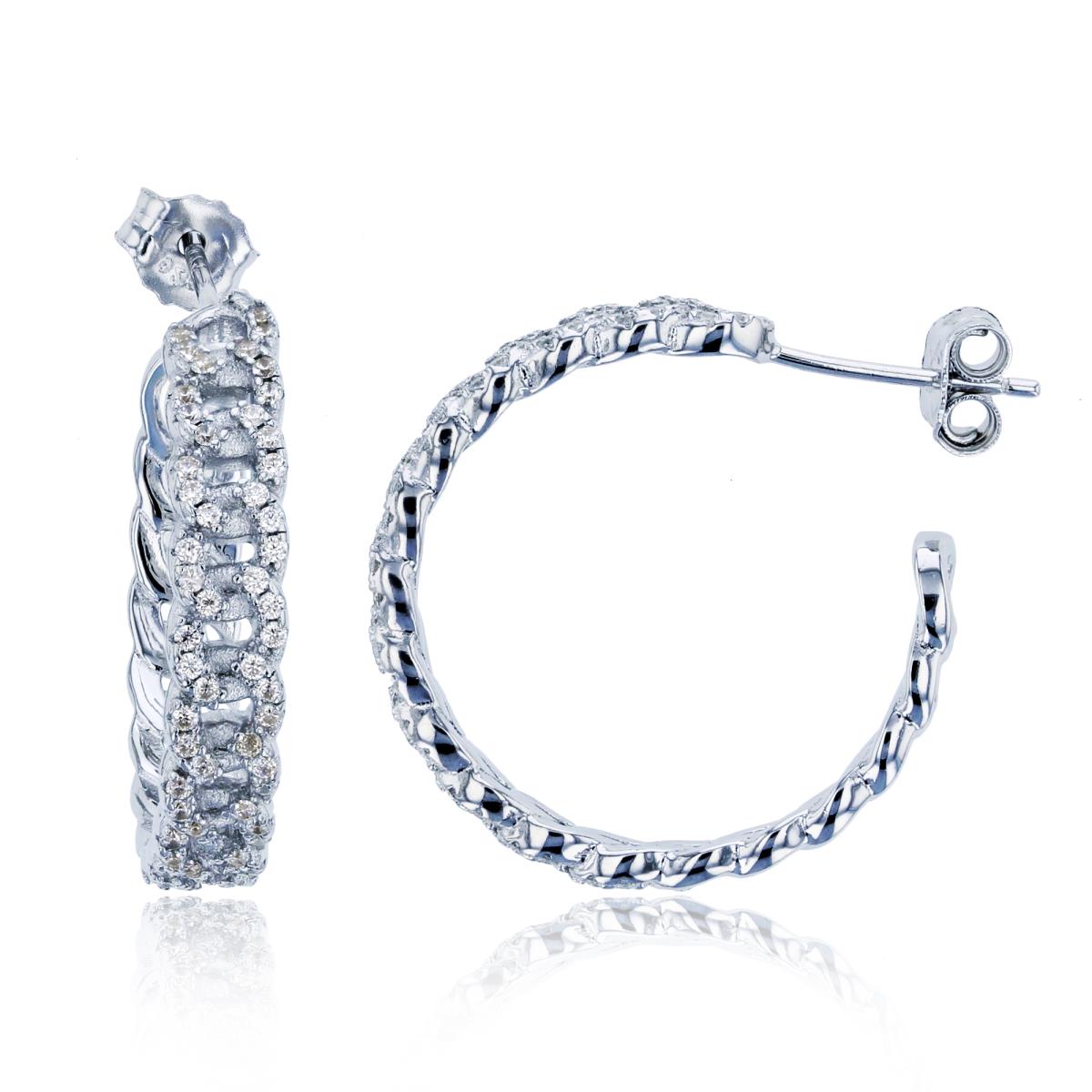Sterling Silver Rhodium Micropave CZ Chain Hoop Earring