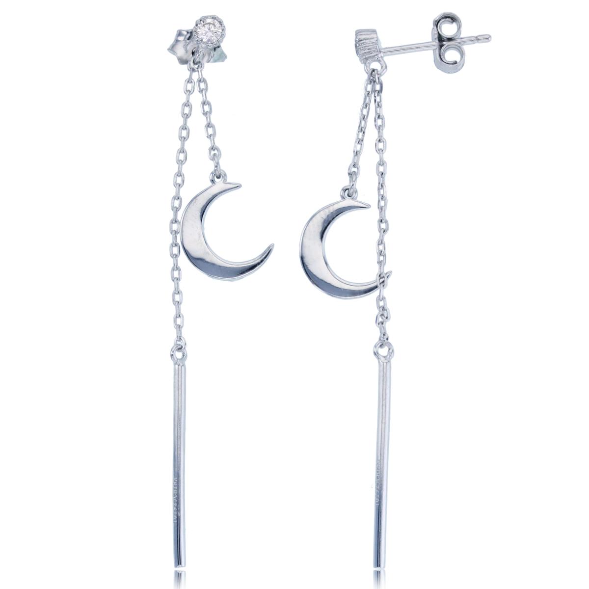 Sterling Silver Rhodium Dangling Moon & Bar Earring