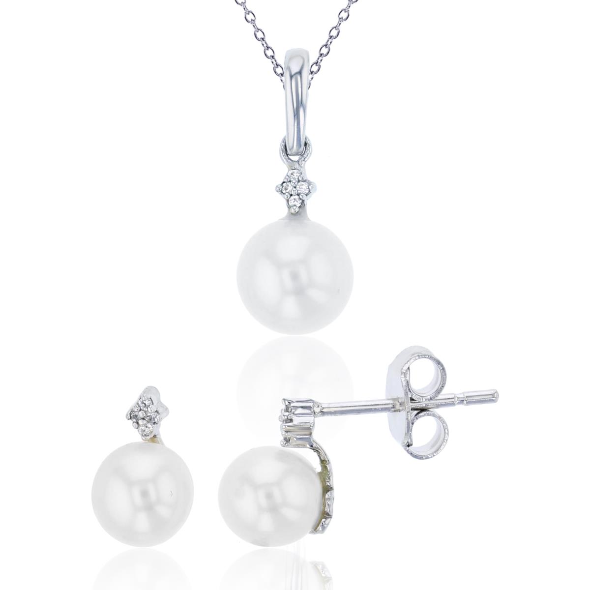 Sterling Silver Rhodium 0.03cttw Diamond & Rnd Pearl 18" Necklace/Earring Set
