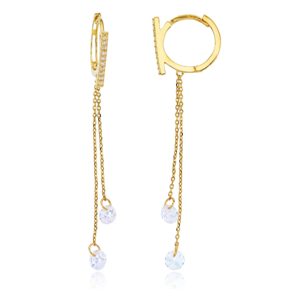 14K Yellow Gold 4mm Rnd Briolette CZ Dangling on Chain with Huggie Earrings