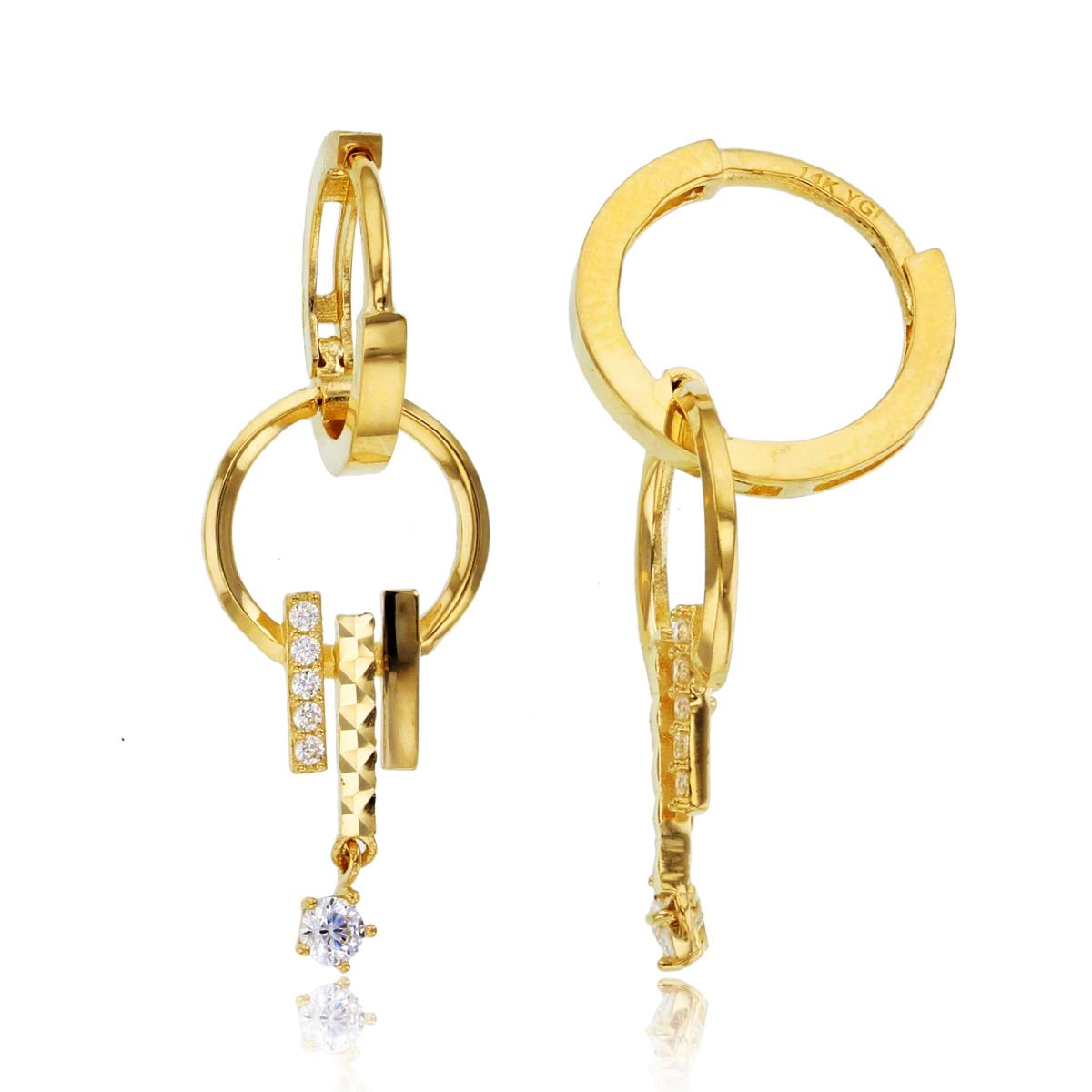 14K Yellow Gold Open Circle with CZ /DC & High Polished Bars Dangling on Huggie Earrings