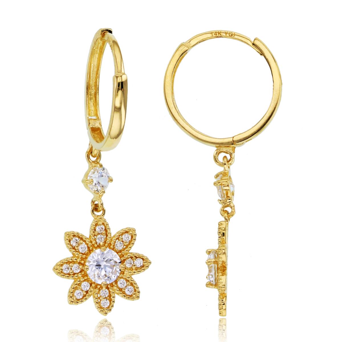 14K Yellow Gold Rnd CZ Milgraine Flower Dangling on Huggie Earrings