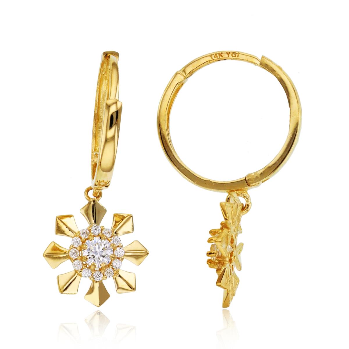 14K Yellow Gold 3mm Rnd CZ  Diamond Cut Flower Dangling on Huggie Earrings