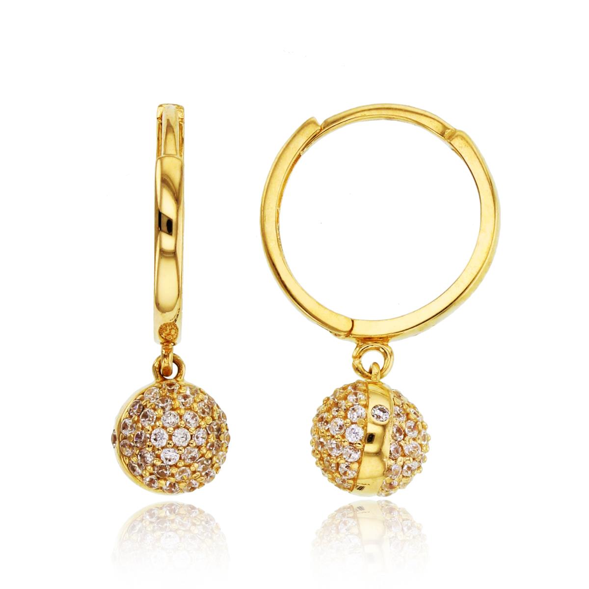 14K Yellow Gold Rnd CZ Pave Ball Dangling on Huggie Earrings