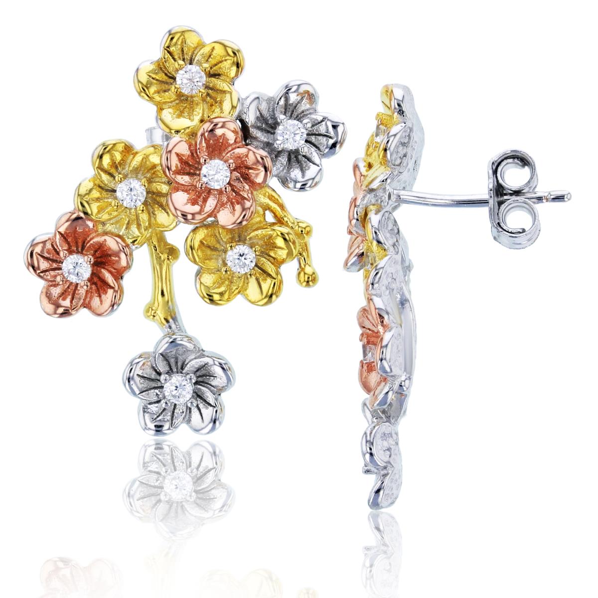 Sterling Silver Tri-Color CZ Flowers Dangling Earring
