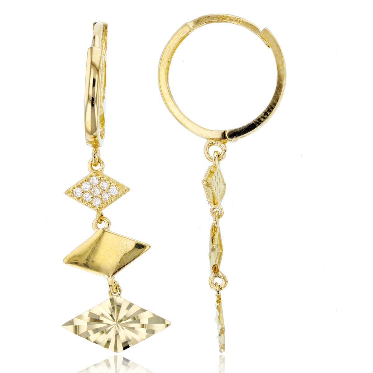 14K Yellow Gold High Polish / Rnd CZ & DC Rhombs Dangling on Huggie Earrings