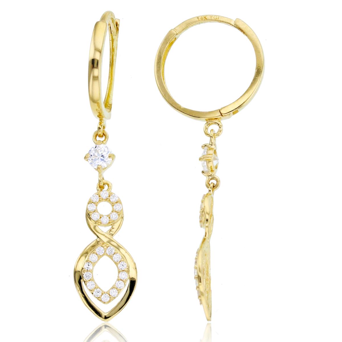 14K Yellow Gold High Polished & Rnd CZ Infinity Dangling on Huggie Earrings
