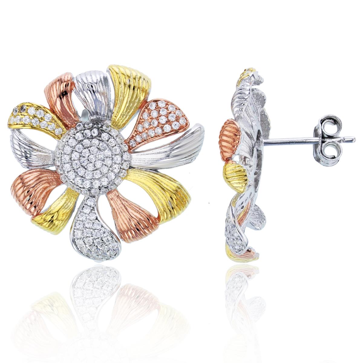 Sterling Silver Tri-Color Micropave Textured Flower Stud Earring