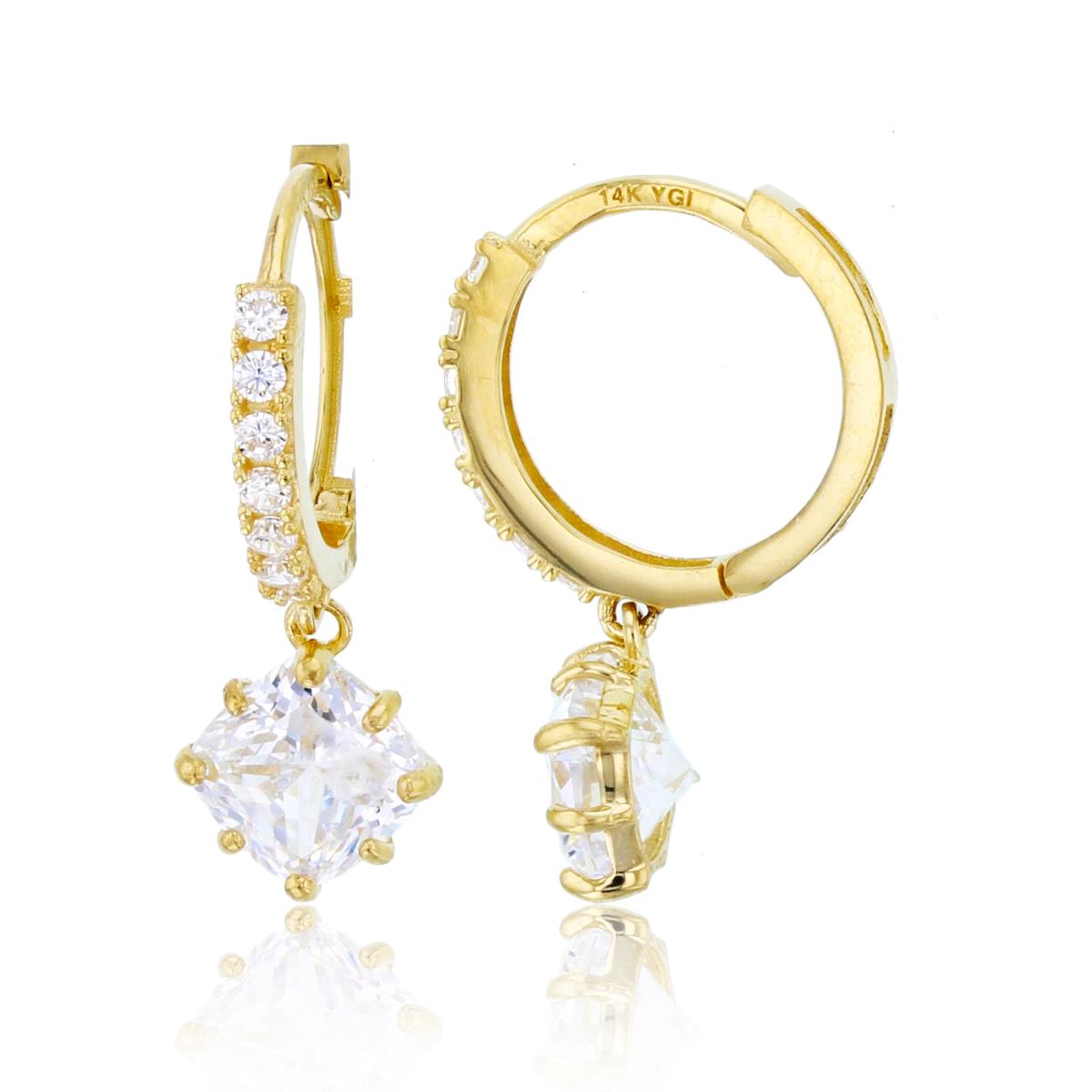14K Yellow Gold 6mm Cushion CZ Drop Dangling on Huggie Top Earrings