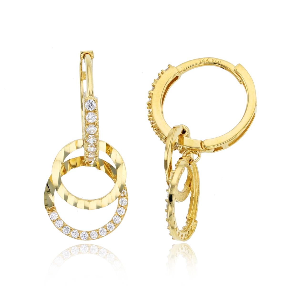 14K Yellow Gold Rnd CZ & Diamond Cut Open Circles Dangling on CZ Huggie Earrings