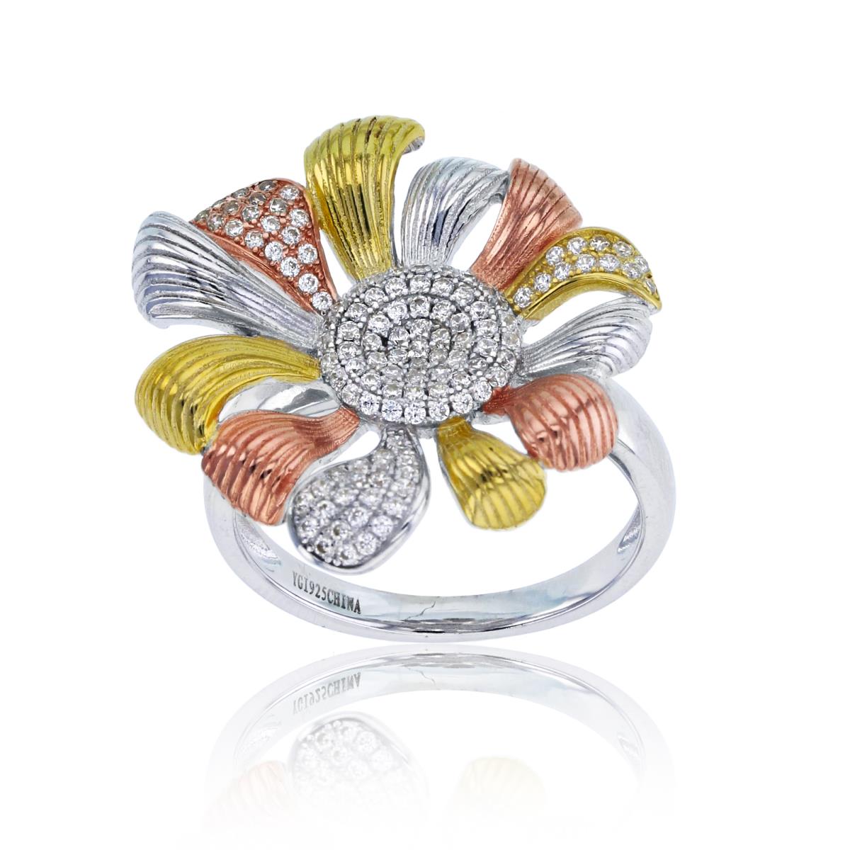 Sterling Silver Tri-Color Micropave Textured Flower Fashion Ring