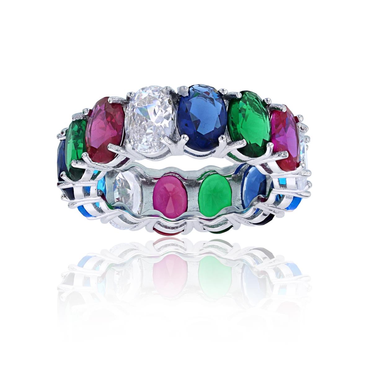 Sterling Silver Rhodium White CZ/Red Corundum/Emerald Glass/Sapphire Glass/Blue Topaz Glass 7x5mm Oval Eternity Ring
