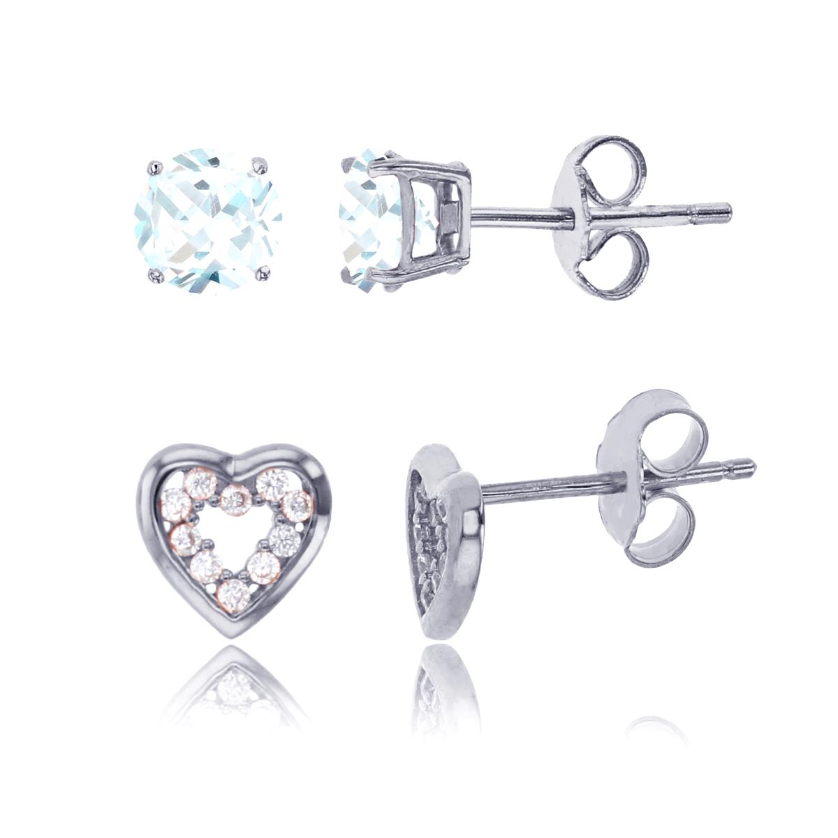 Sterling Silver Rhodium 7x7mm Open Heart & 4mm Round Solitaire Stud Earring Set
