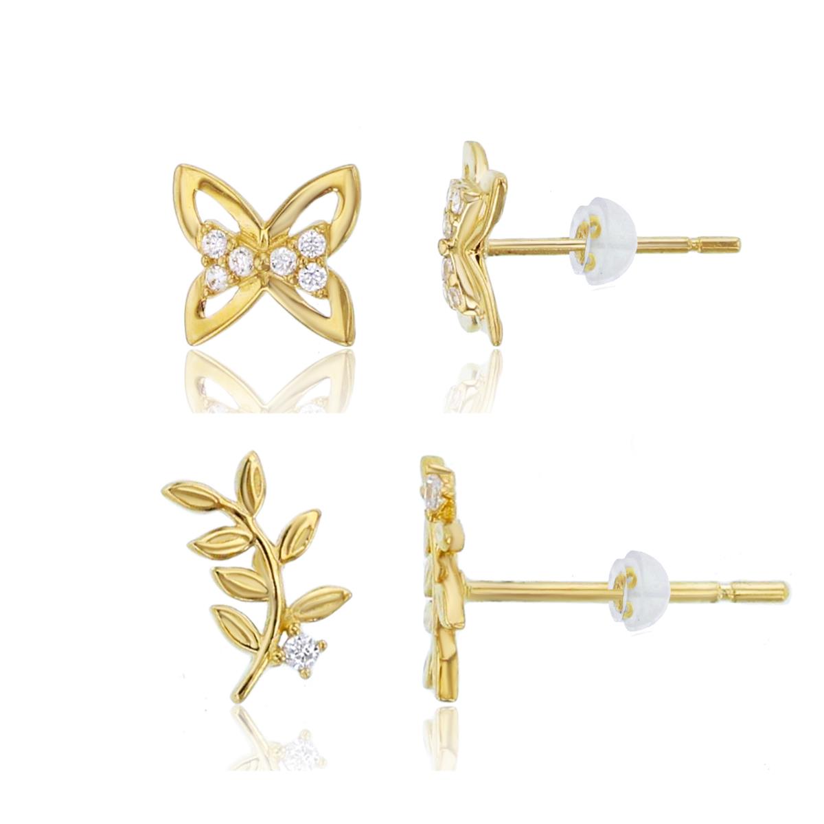 14K Yellow Gold Rnd CZ Leaves & Butterfly Stud Earring Set with Silicone Back
