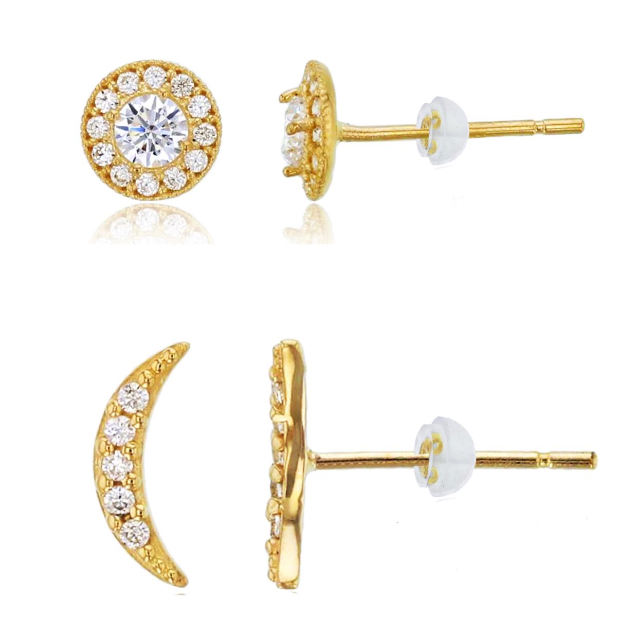14K Yellow Gold Rnd CZ Half Moon & Cluster Halo Studs Set with Silicone Back