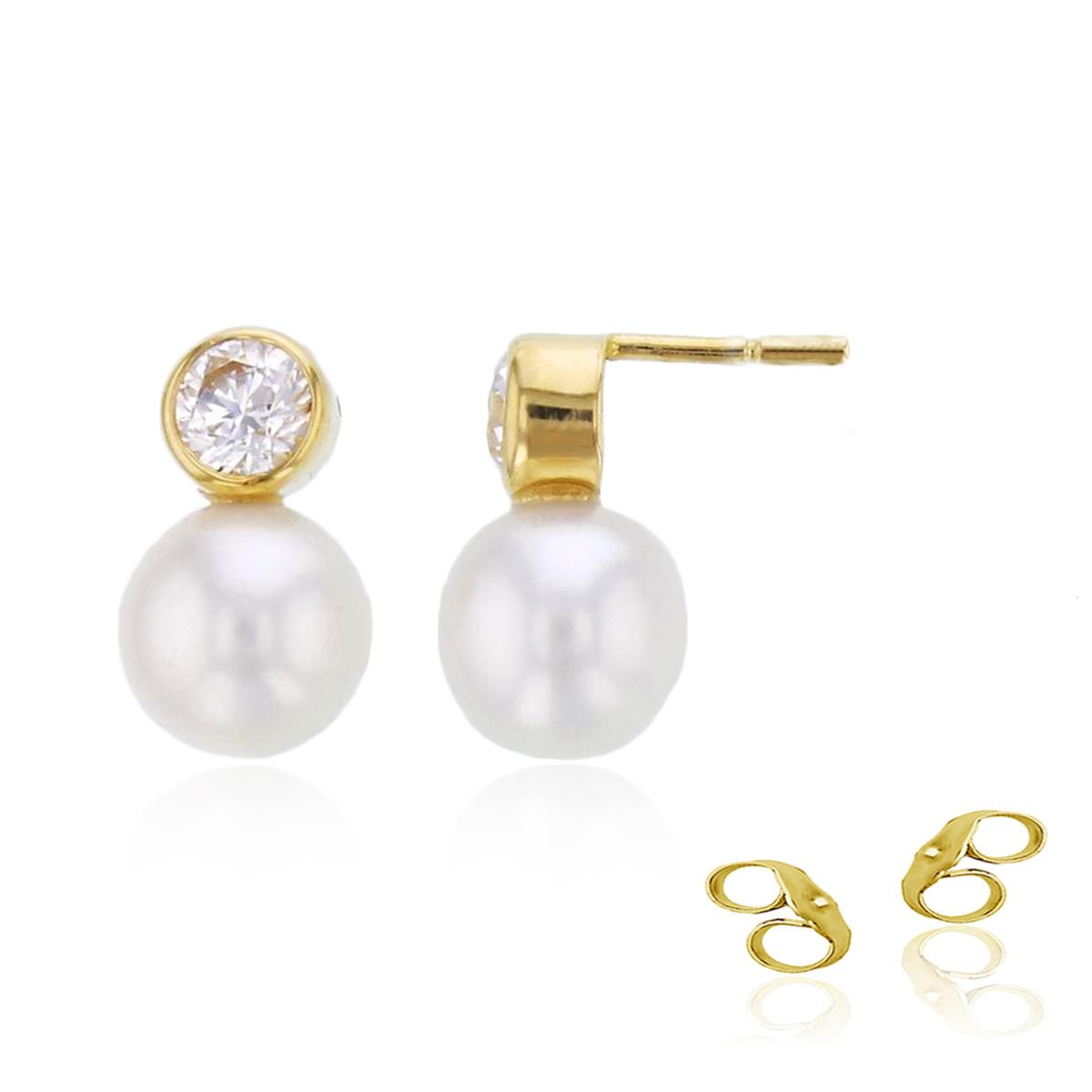 14K Yellow Gold Rnd Bezel CZ & 5mm Fresh Water Pearl Studs with 4.5mm Clutch