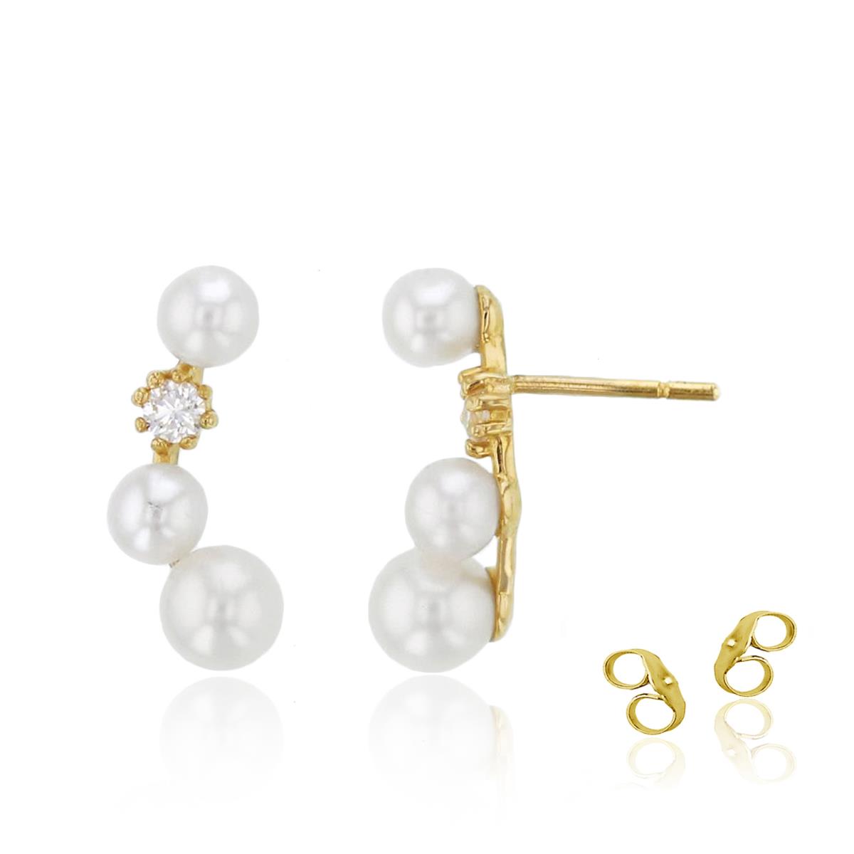 14K Yellow Gold Rnd CZ & 3mm/4mm Fresh Water Pearl Crawl Earrings with 4.5mm Clutch