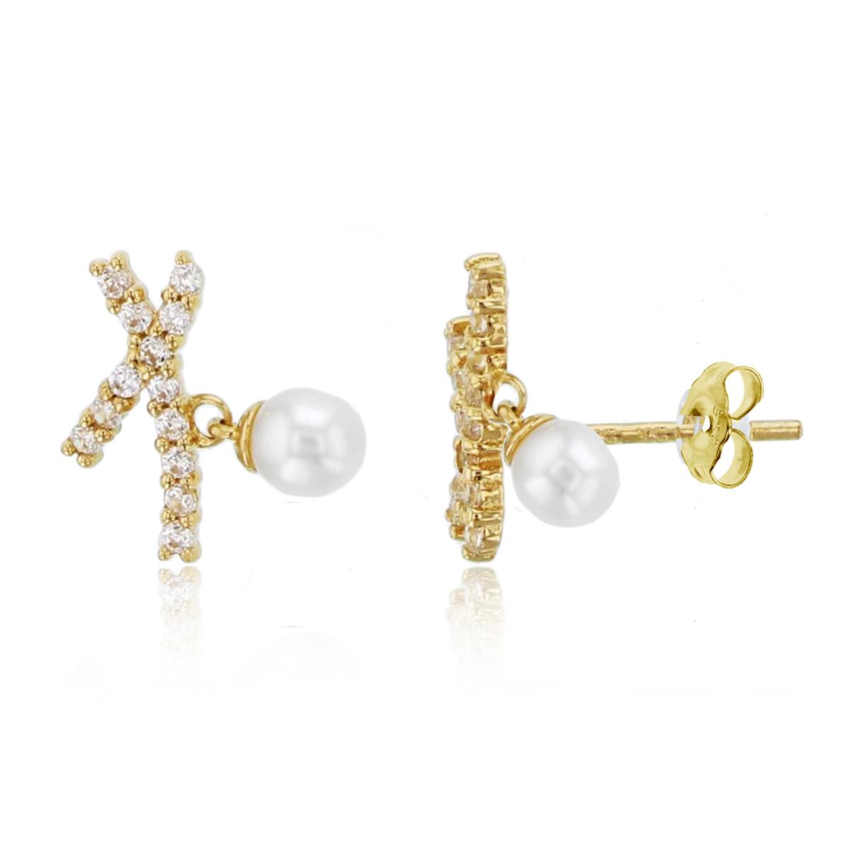 14K Yellow Gold Rnd CZ & Dangling Fresh Water Pearl Criss/Cross Studs with 4.5mm Clutch