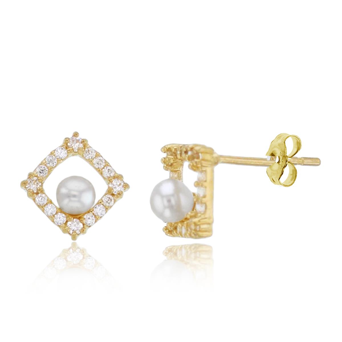 14K Yellow Gold Rnd CZ & 3mm Fresh Water Pearl Cushion Studs with 4.5mm Clutch